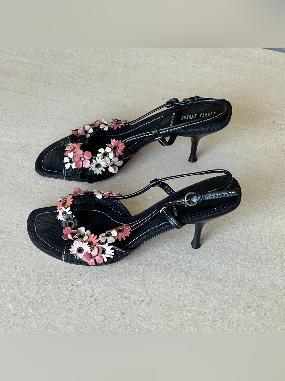 Miu Miu Black Sandal with Pink and Cream Floral Appliqué - Picture 5 of 7